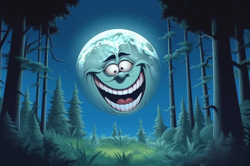 A giant cartoon grinning moon above a forest.