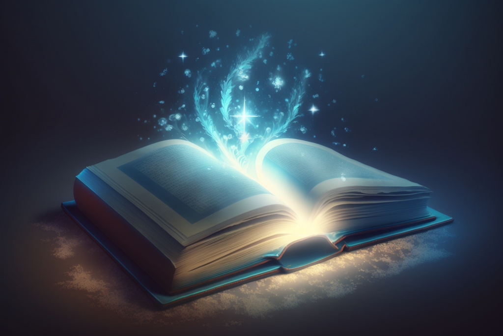 A magical glowing light coming from a magical book the Tome of Everlore.