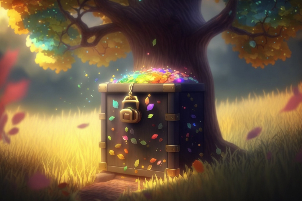 A glowing mystery box under a tree with rainbow colored leaves.