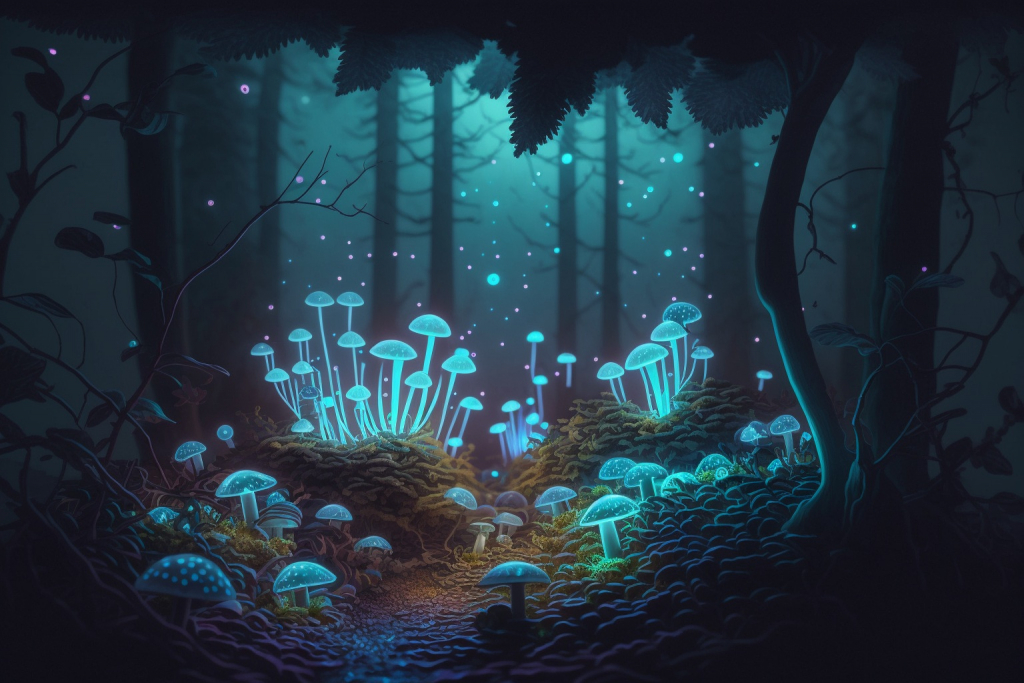 Glowing mushrooms in a magical forest.