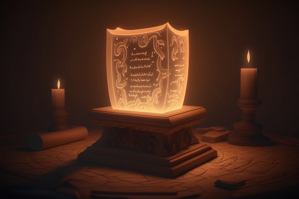 Glowing paper pages on a wooden pedestal.