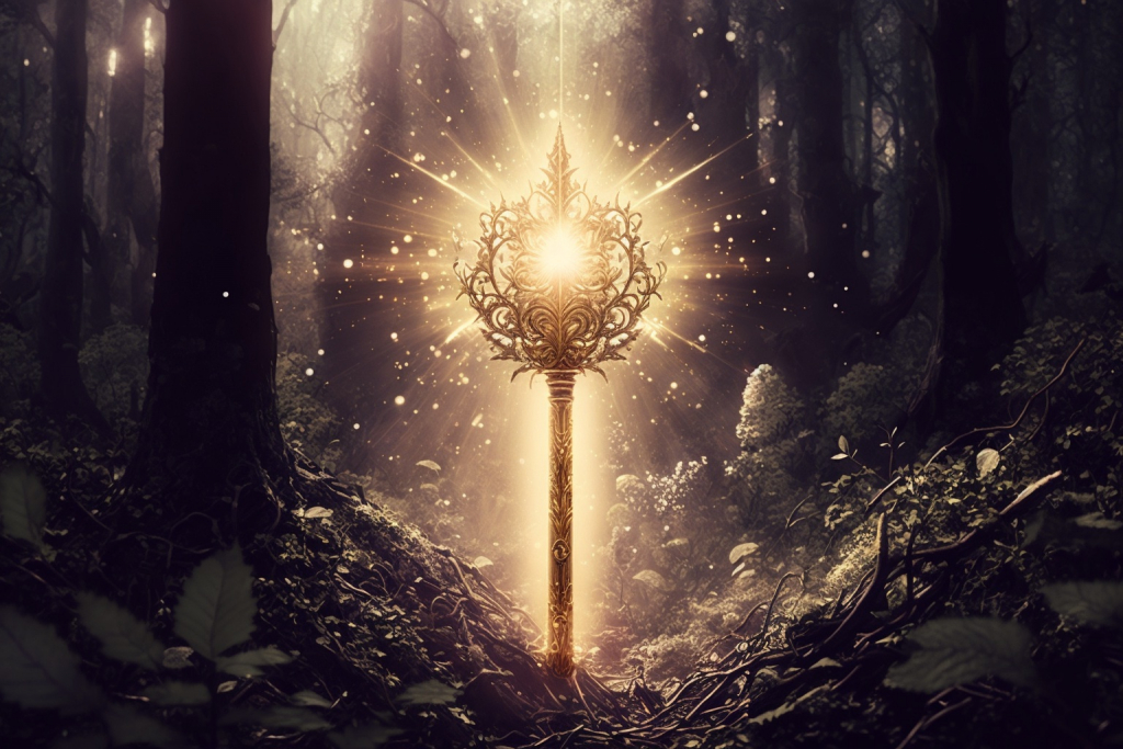 Glowing magical scepter in the forest.