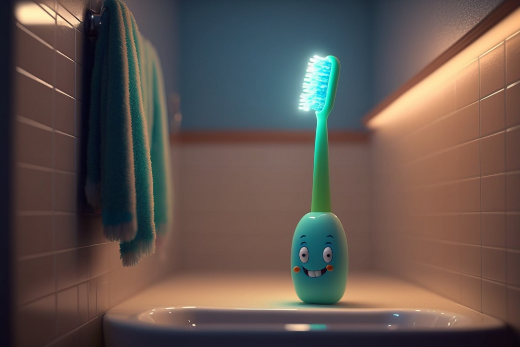 A glowing toothbrush in bathroom.