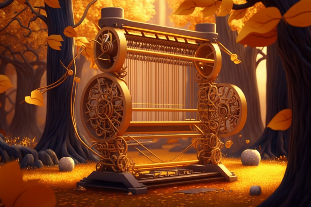 A golden loom in a golden forest.