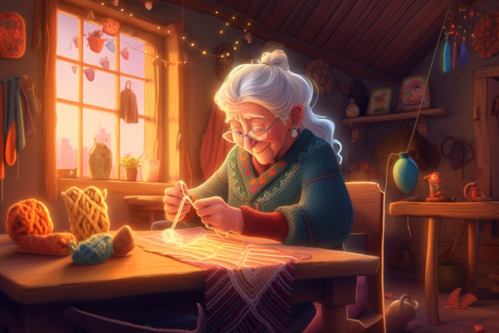 A cartoon grandmother Esme stitching a colorful tapestry in her cute cottage.