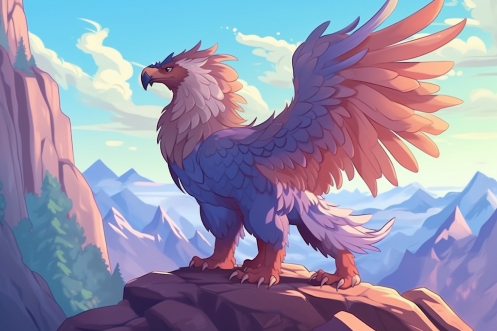 A cartoon griffin in the mountains.