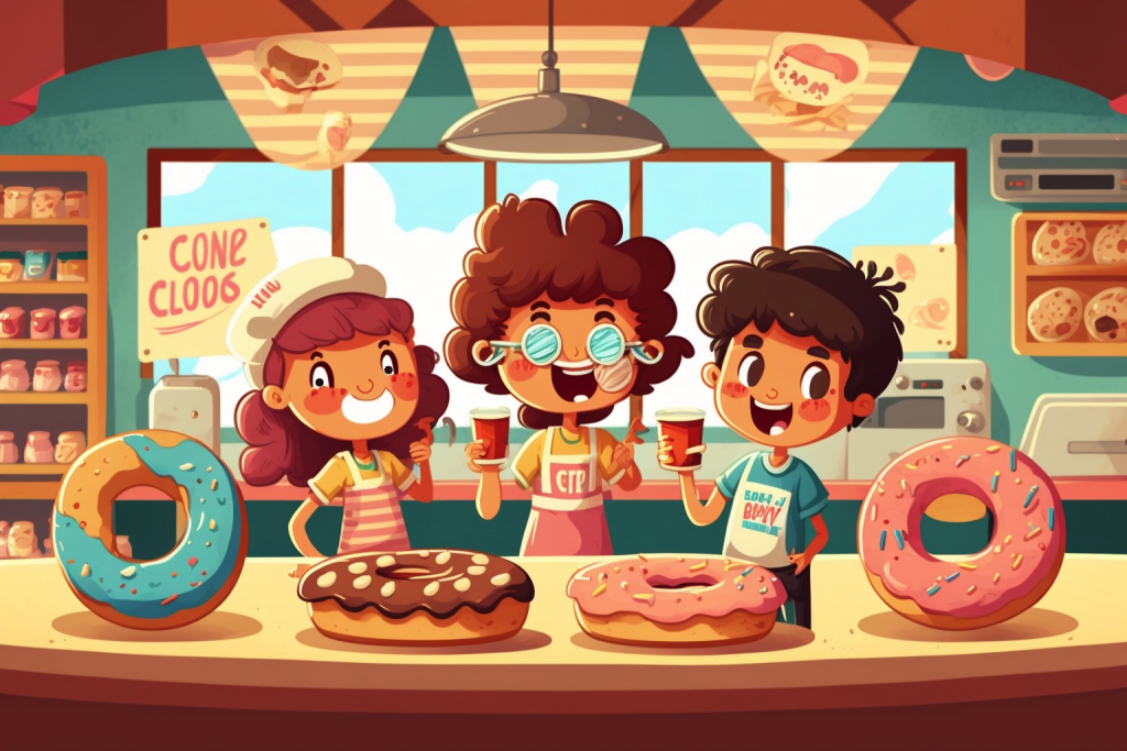 Three happy cartoon children in a donut store.
