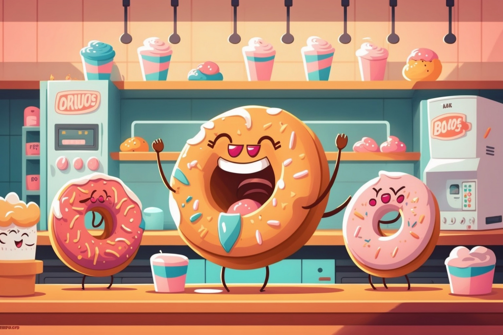 Happy donuts in a donut store.