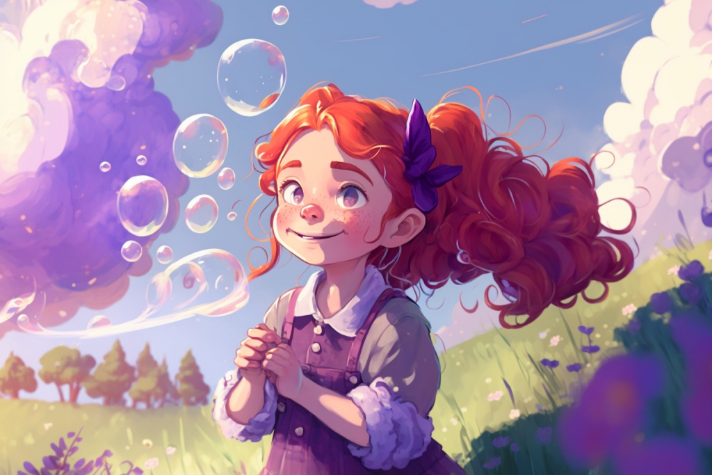 A cartoon young girl Wendy with red hair looking at bubbles.