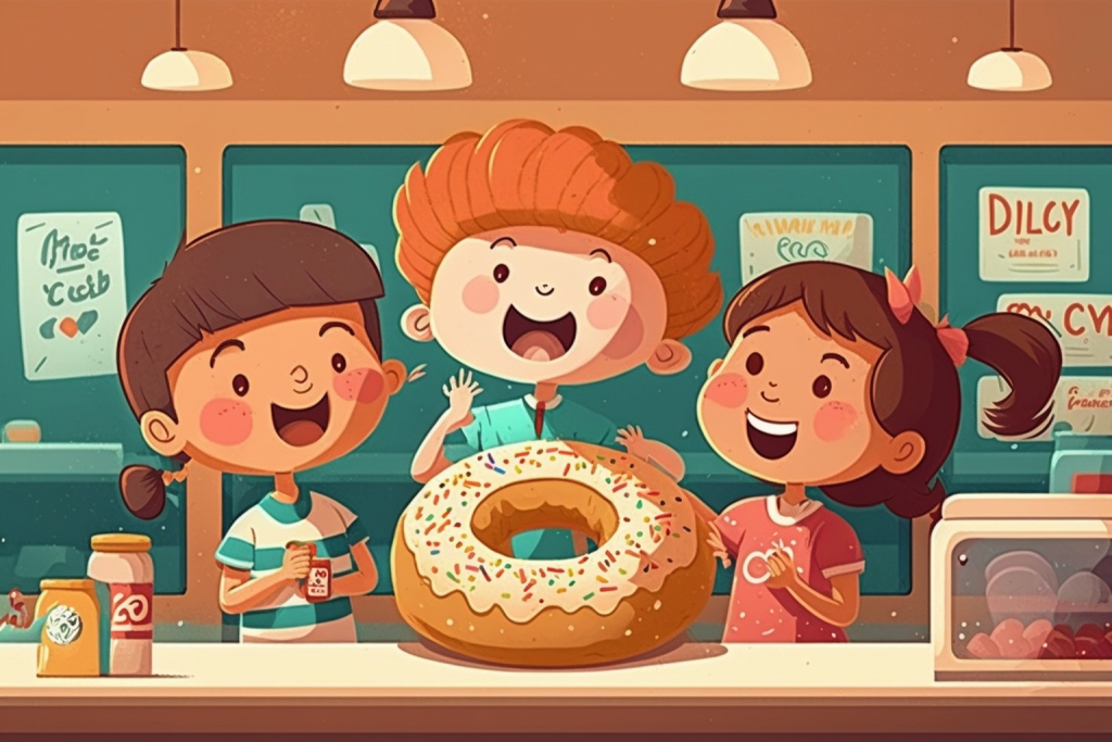 Happy kids with a big donut.