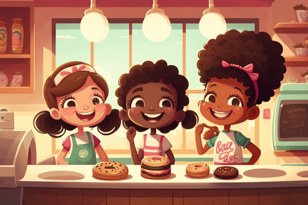 Three happy young girls in a donut store eating donuts.