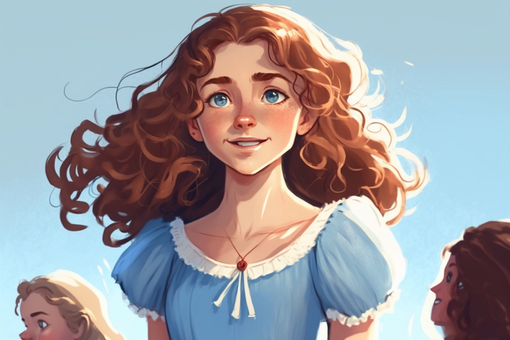 A happy young cartoon girl Elara with brown wavy hair and a blue simple dress.