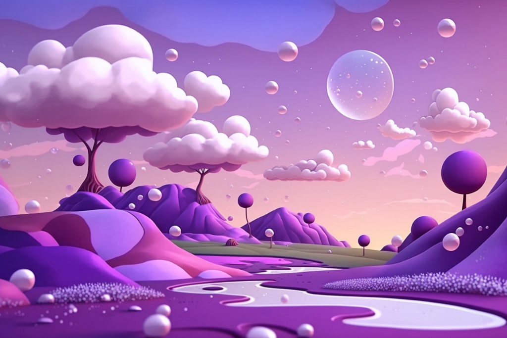 Purple laundry land with soft fluffy trees and bubbles in the air.