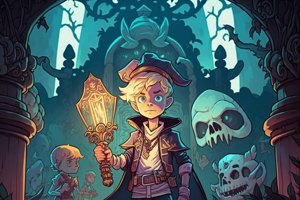 A cartoon young blonde boy Liam with a glowing spyglass in a pirate queen's tomb.