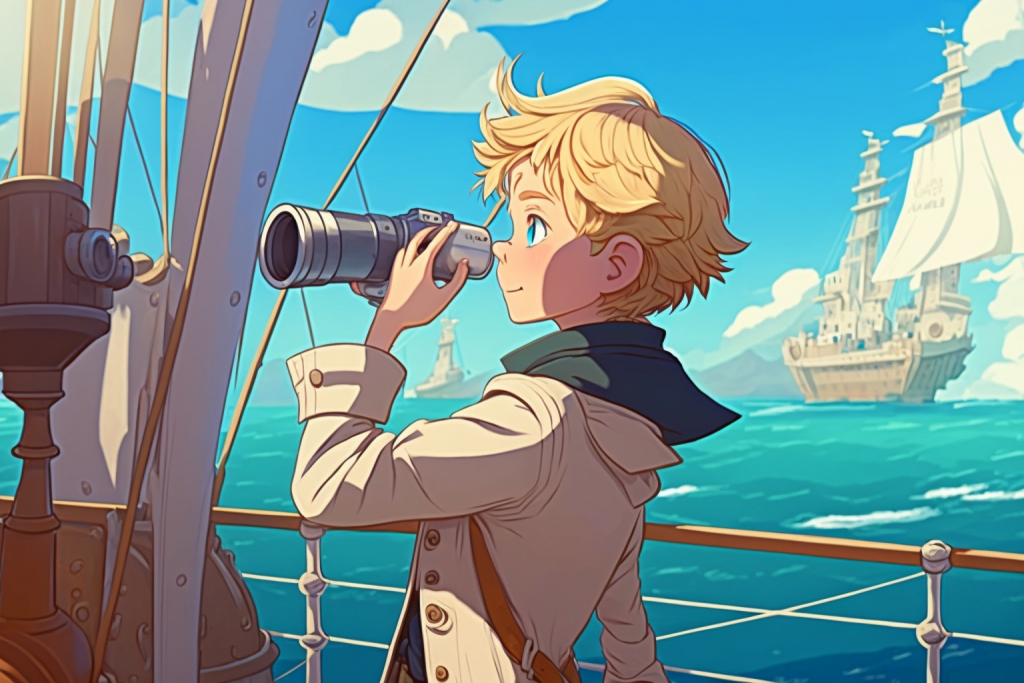 A cartoon young blonde boy Liam looking through magical spyglass on the sea on a sailing ship.