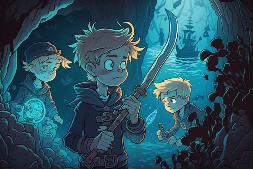 A cartoon young blonde boy Liam holding a magical spyglass with sword and his friends underwater.