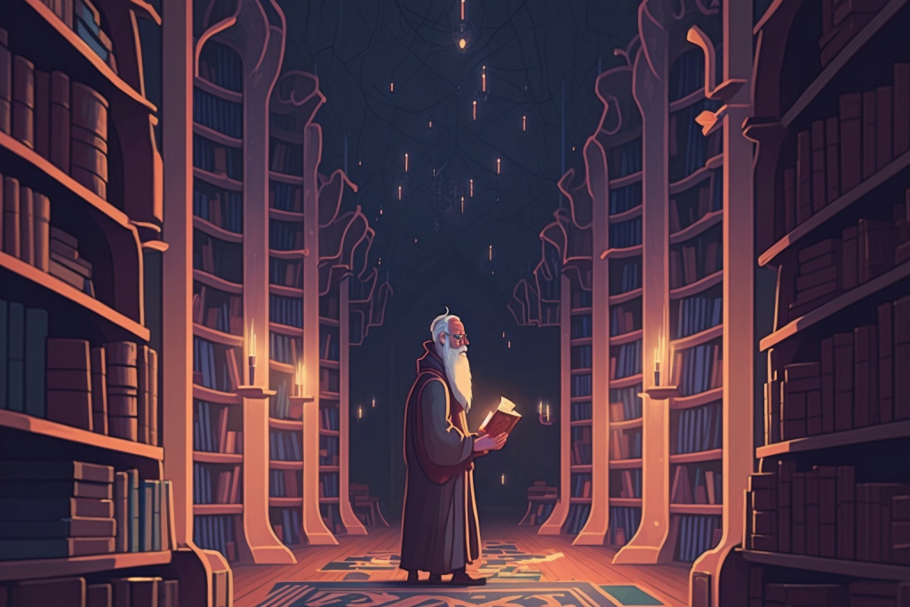 Ancient cartoon librarian Lorem in a magical library.