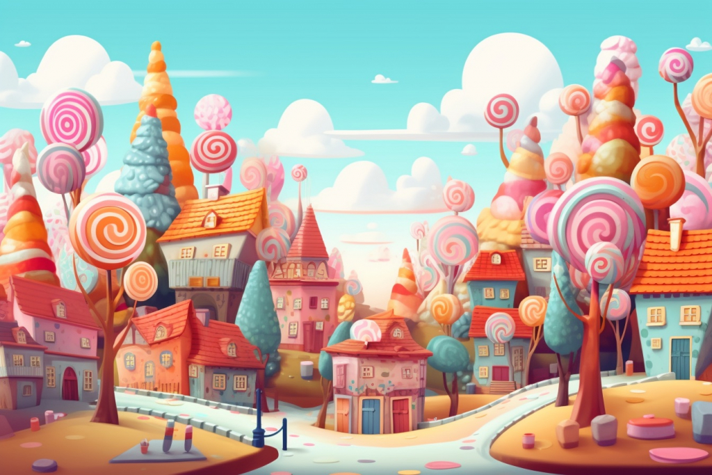 Cartoon lollipop trees in a colorful town.