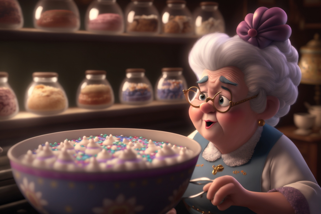 Old baker lady Madam Sugarplum with her magical sprinkles.