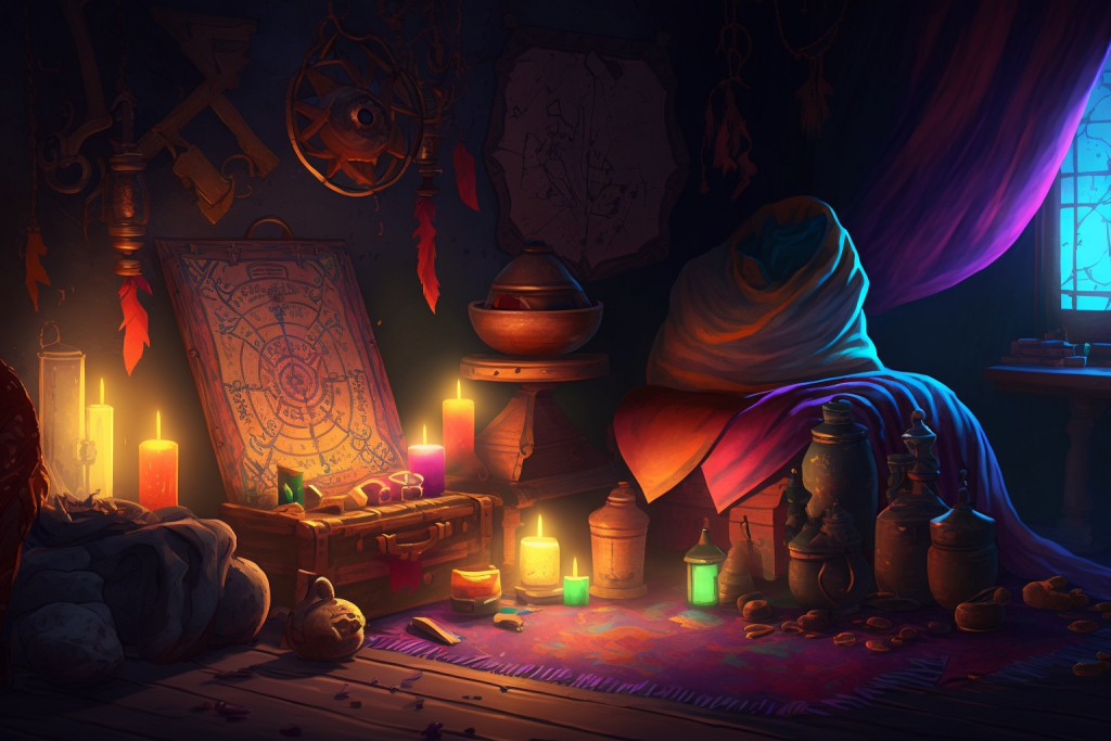 A magical chamber with an ancient map and a colorful tapestry.
