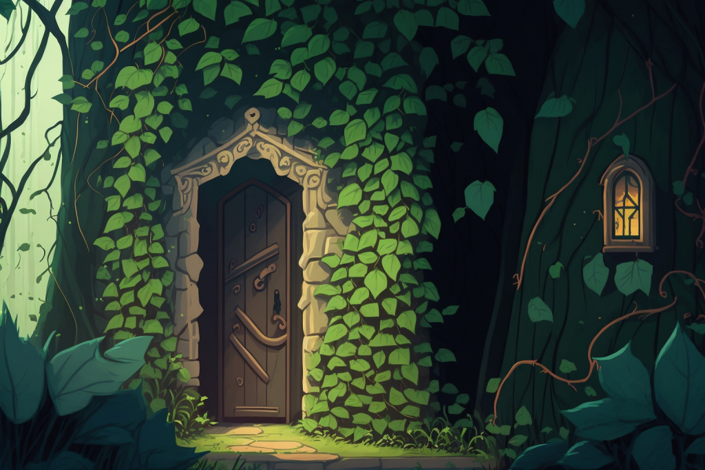A magical cartoon hidden door in an ivy covered wall.