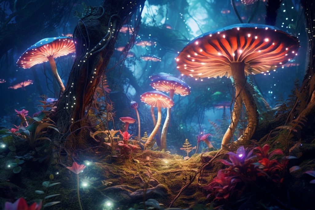 Glowing magical mushrooms in a moonlit forest.