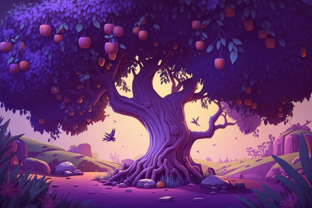 A cartoon magical purple fruit tree.