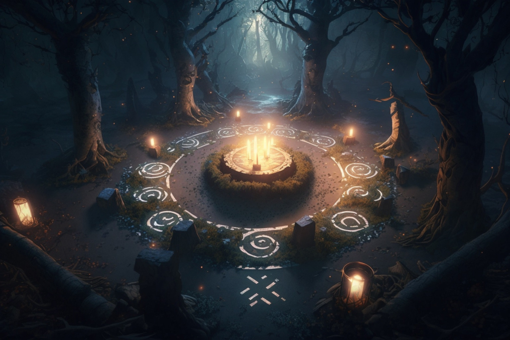Magical ritual with glowing runes and a bonfire in the center of a forest during the night.