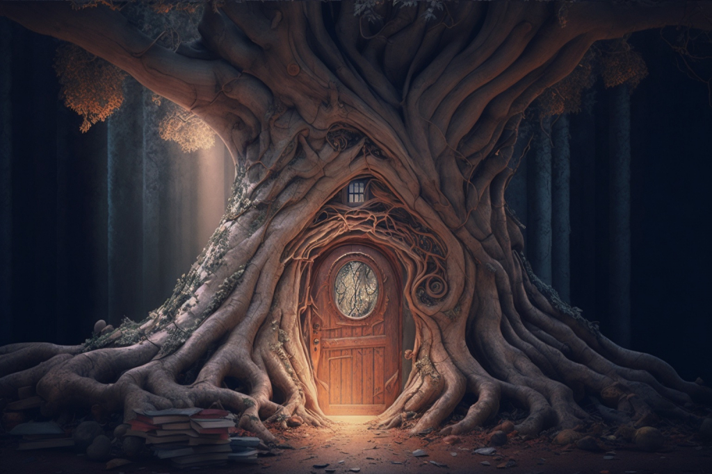 A hidden door in a magical tree.