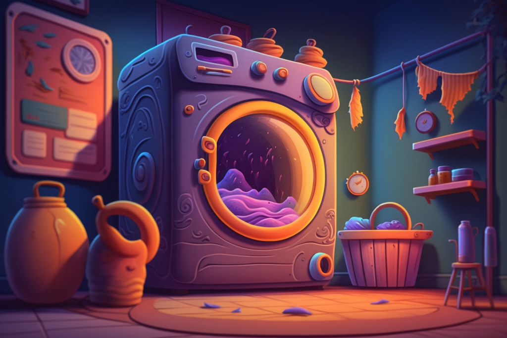 A magical washing machine with a purple land inside its door.