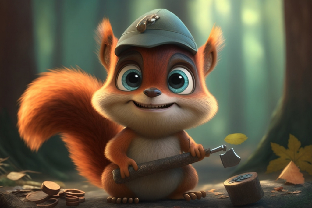 Carton squirrel Mimo chopping wood in forest.