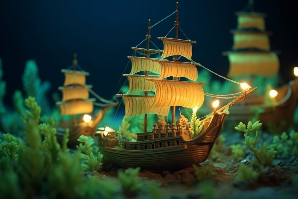 Miniature wooden ships with a fluorescent plants.