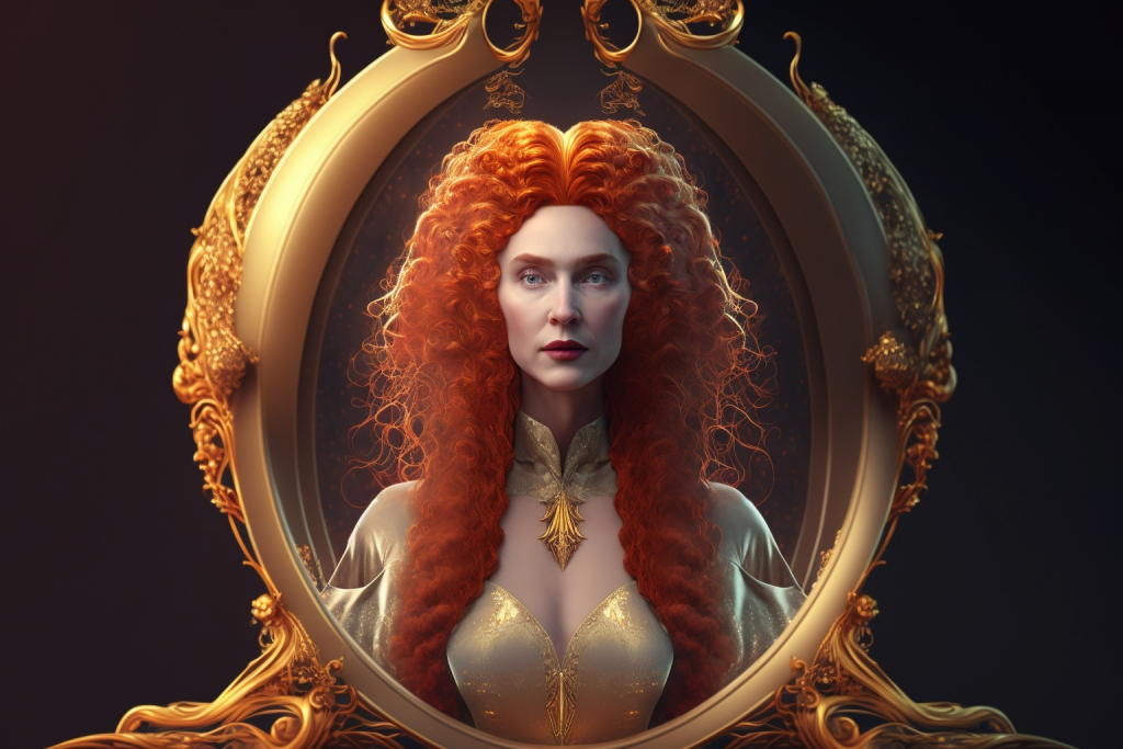 Vision of an older queen with red hair and gold dress.