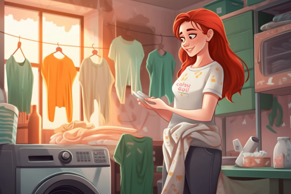 A mom with red hair doing laundry.
