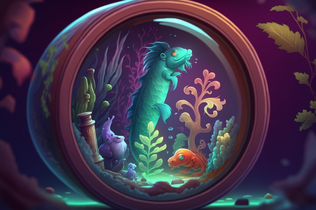 Mythical sea creatures visible in a spyglass.