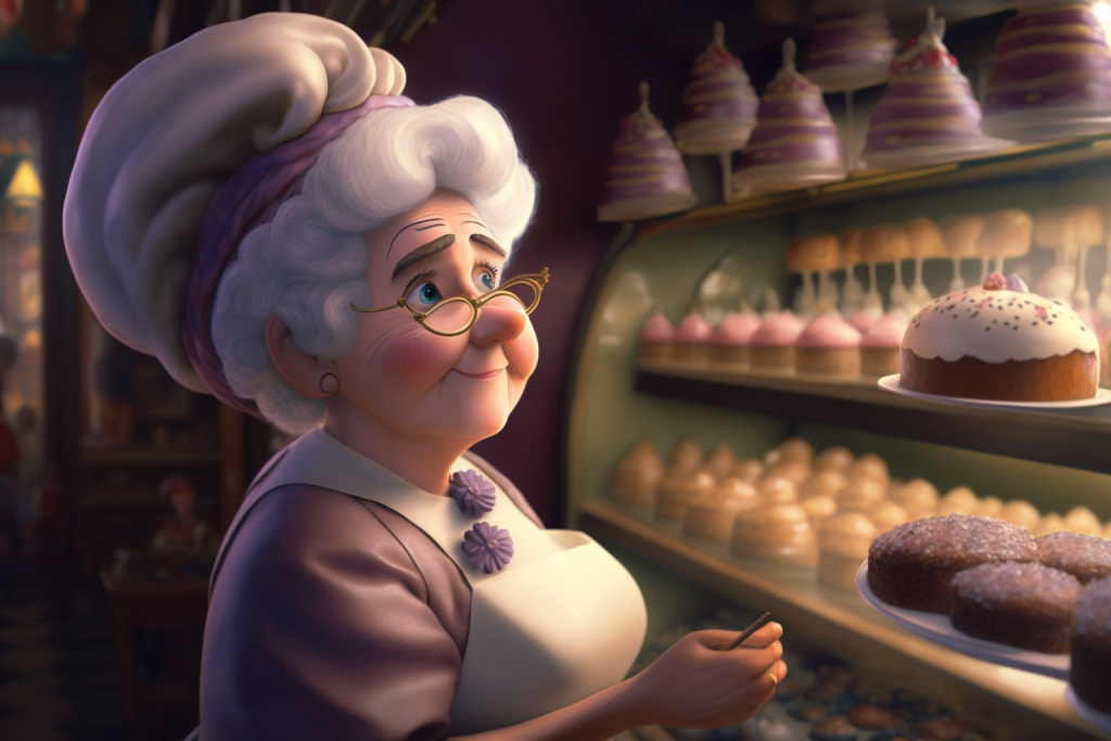 Old grandma pastry chef in purple clothes and a white apron in her bakery.