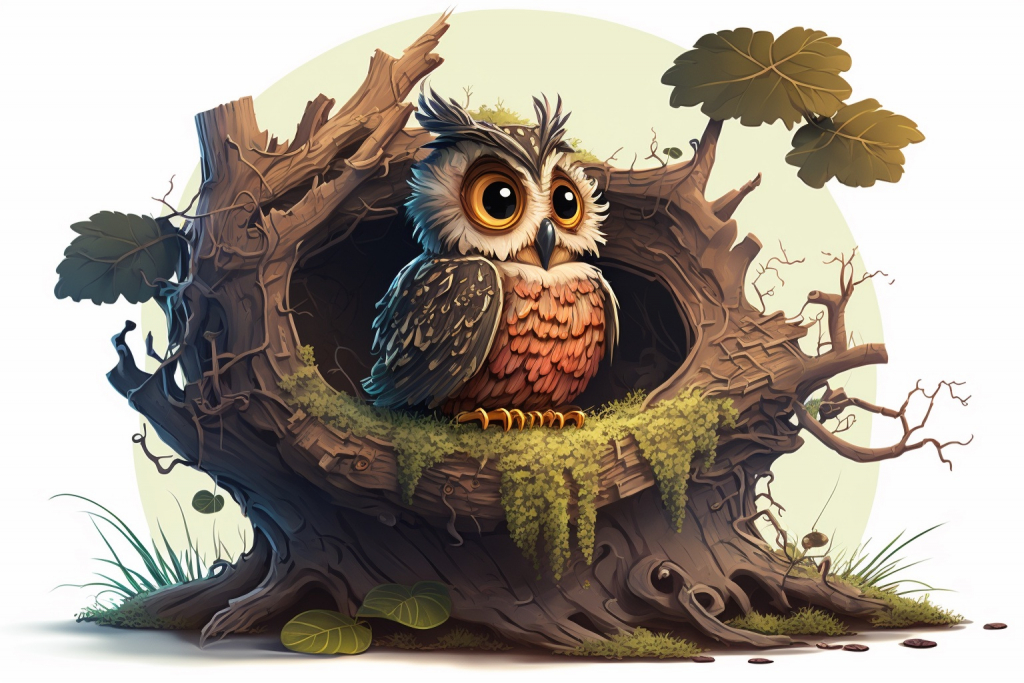 A cartoon owl in its destroyed nest in a tree.