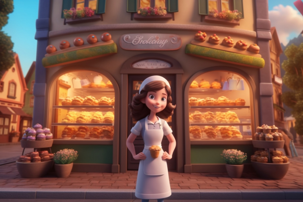 A cartoon woman in front of her pastry shop.