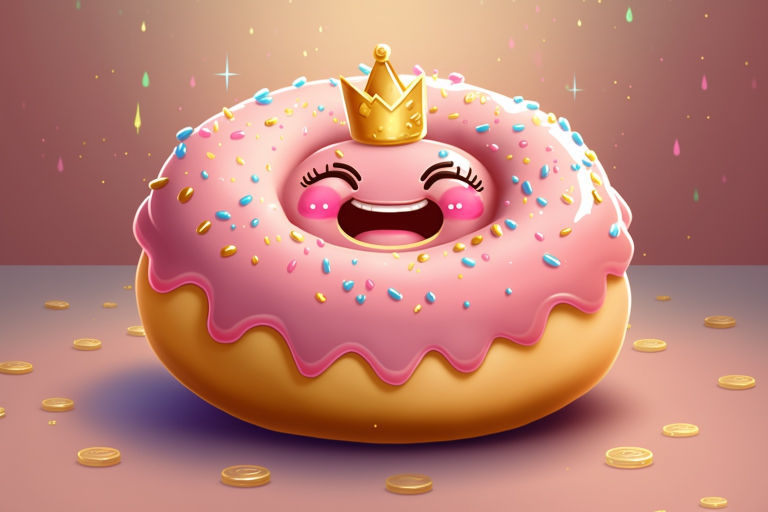 Pink donut with frosting and a crown.