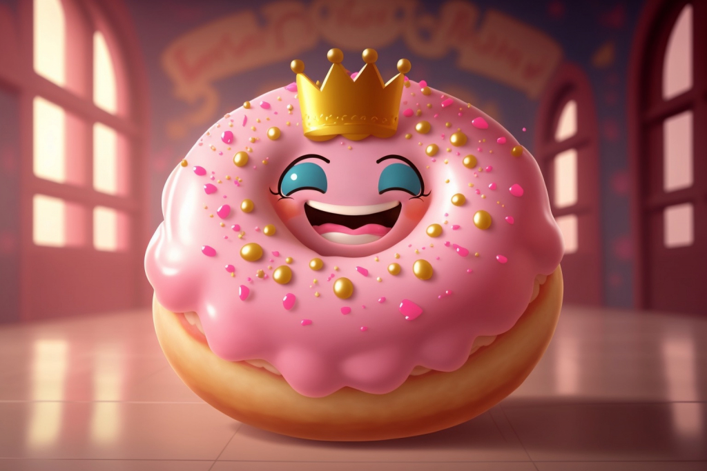 Pink glazed donut with a crown.