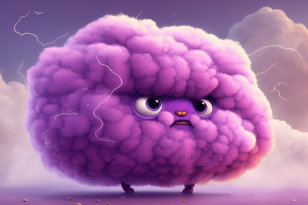 Cartoon cute angry purple cloud Nimbus.