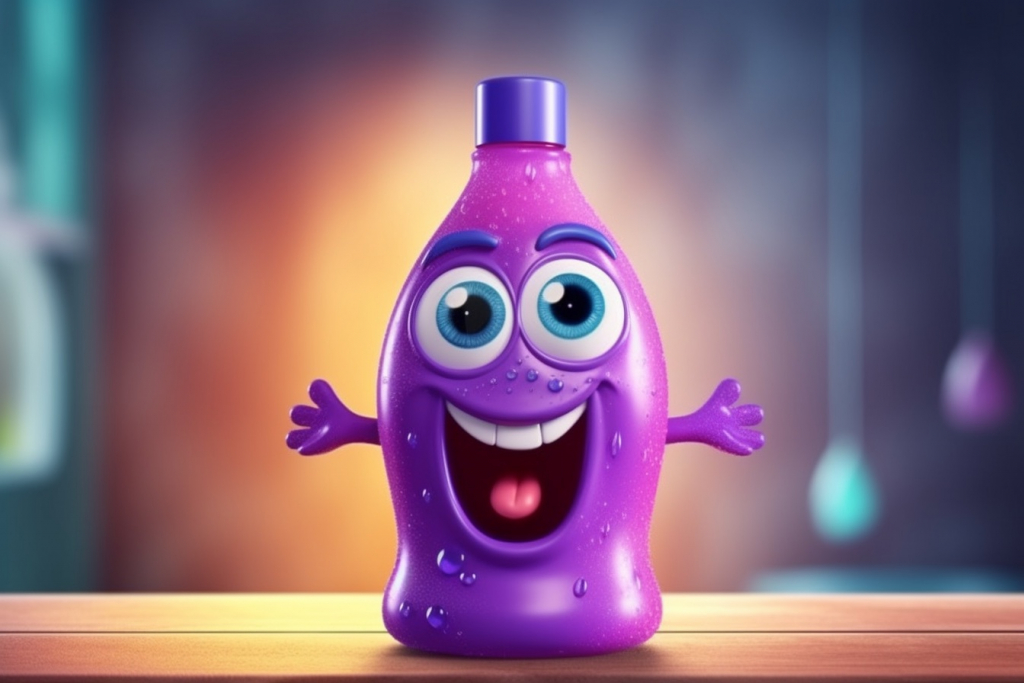 A purple cartoon detergent bottle with cute eyes and happy smile.
