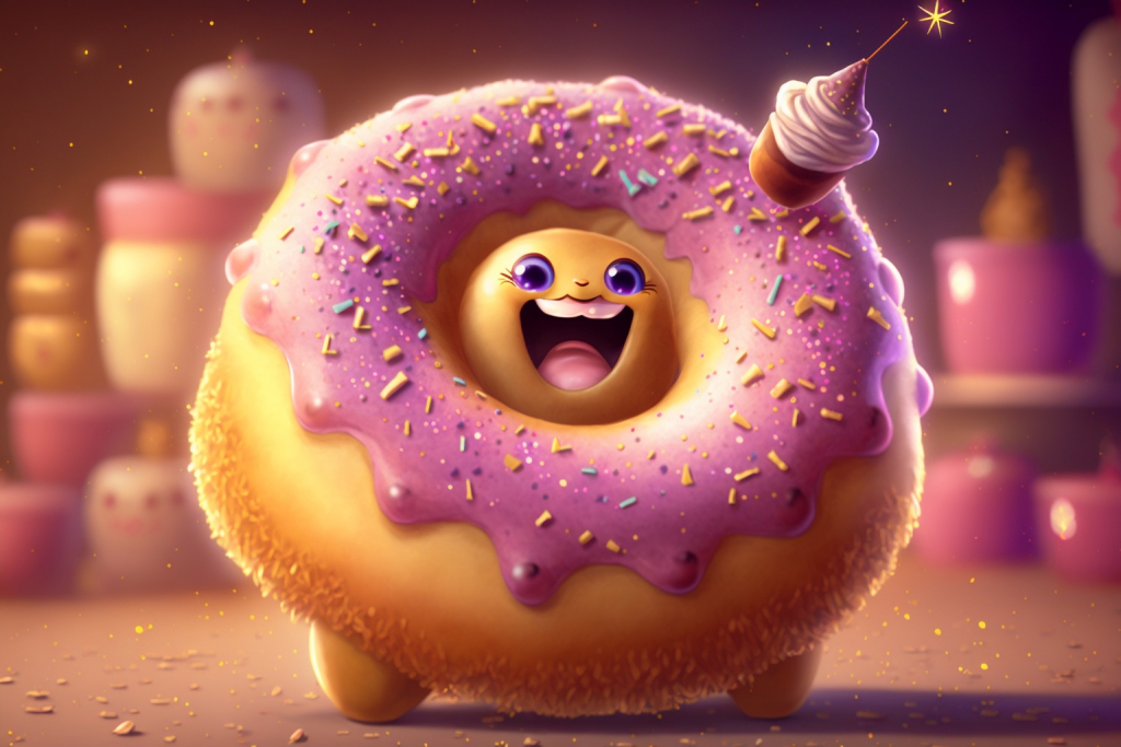 Happy donut with purple frosting and sprinkles.
