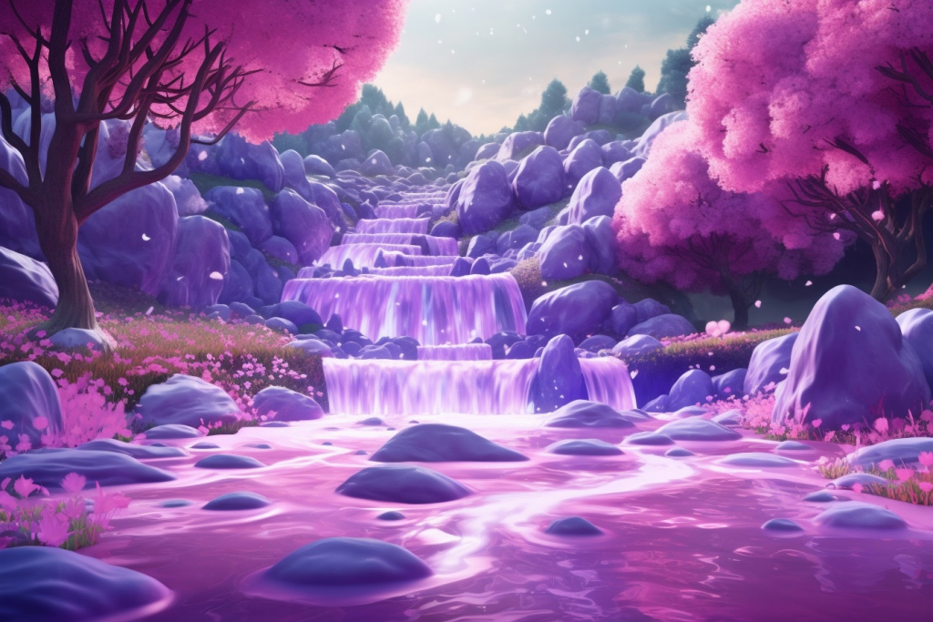 A purple cascading waterfall in a purple dreamy land.