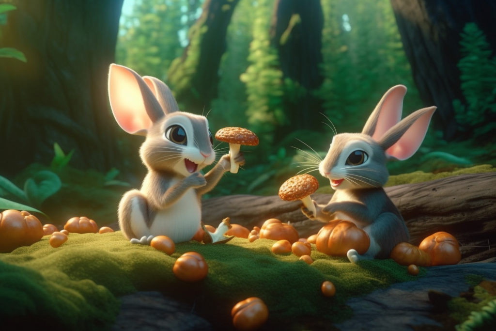 Two rabbits eating mushrooms in forest.