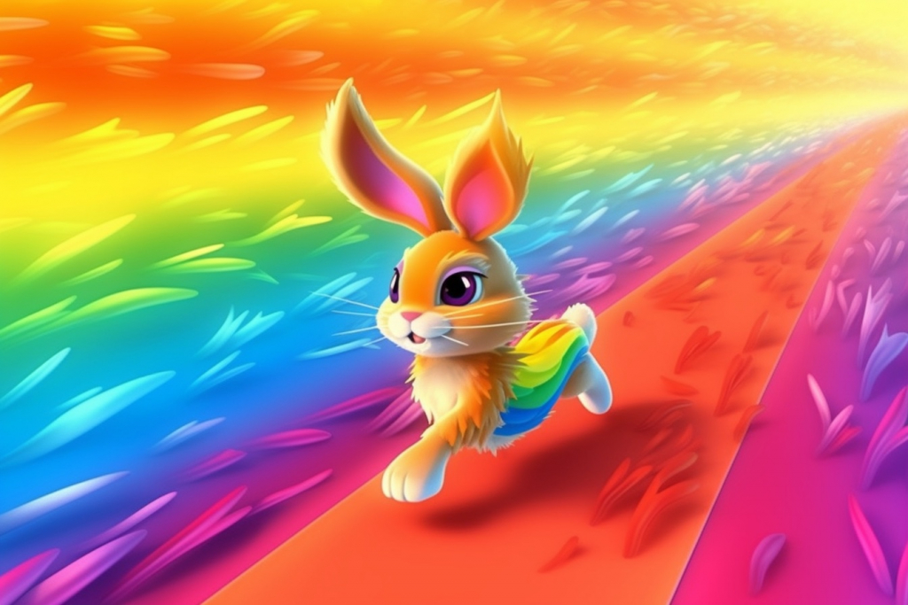 A running rabbit leaving a rainbow colored trail.