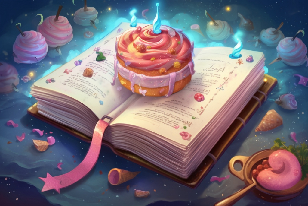 Cartoon recipe book with a recipe for magical sprinkles.