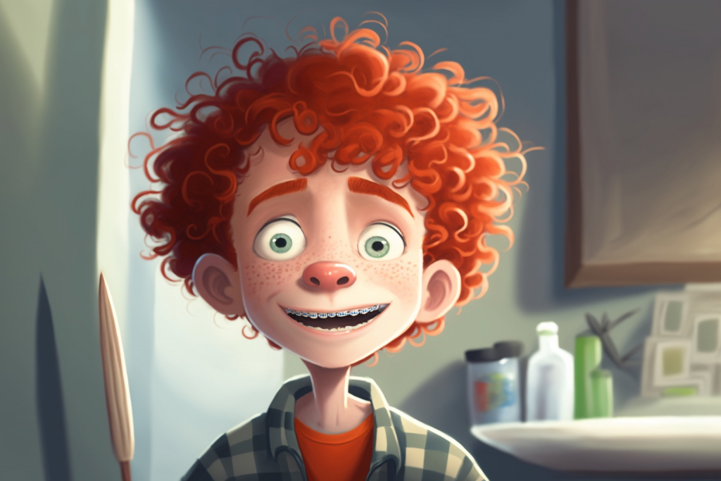 Cartoon young boy Timmy with curly red hair and braces in bathroom.