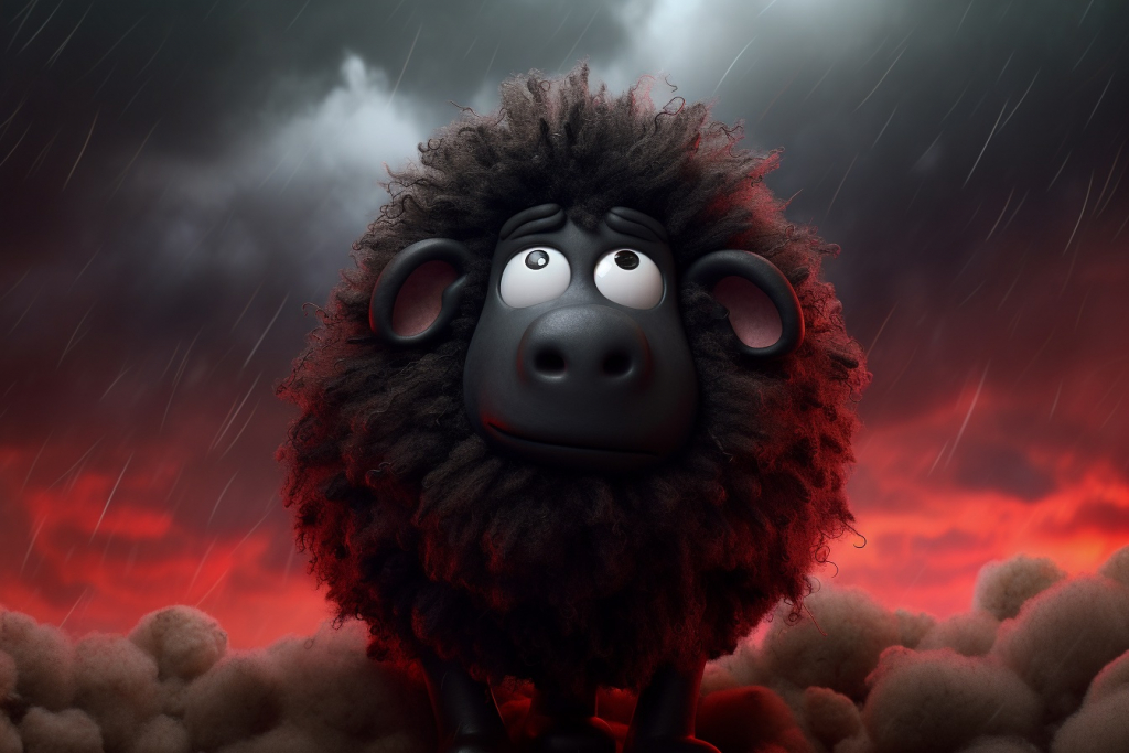 A sad black sheep surrounded by dark clouds.