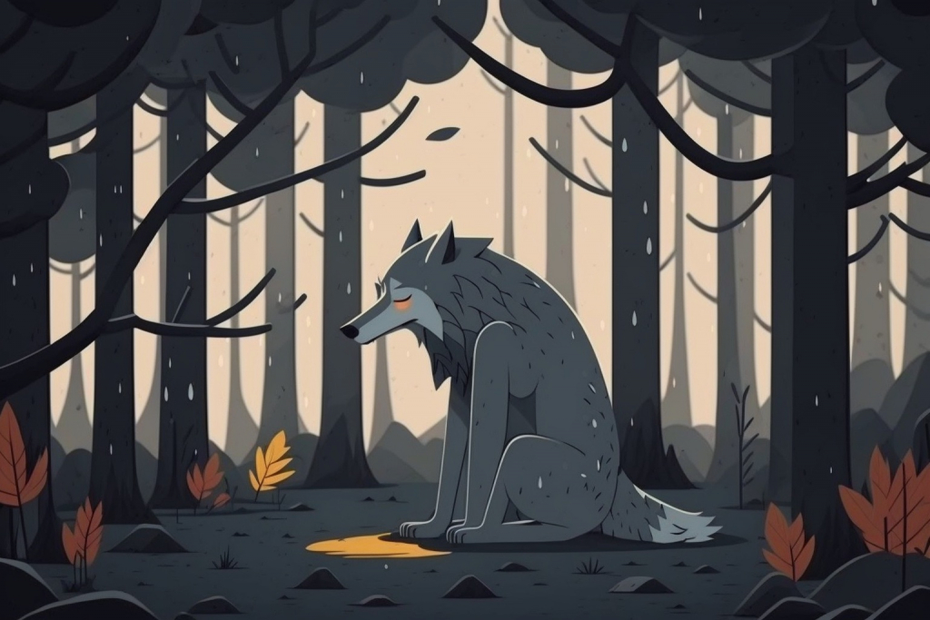 A sad grey wolf sitting in a gloomy forrest.